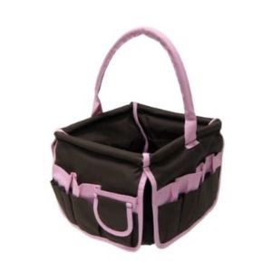 Square Bath Caddy Square Stuff Pockets Storage Bucket Brown with Pink Trim